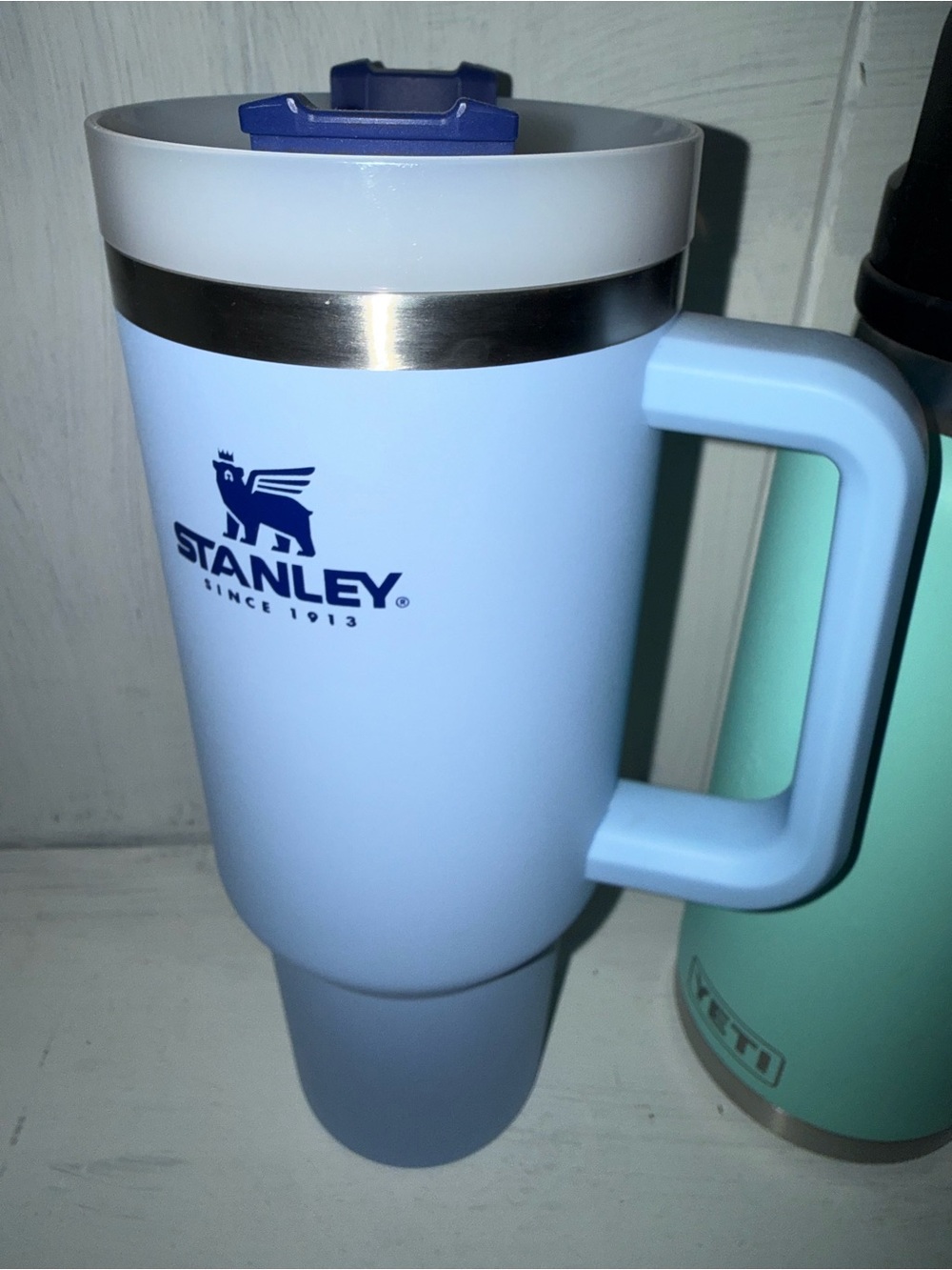 Stanley Powder Blue Travel Mug with Navy Logo and White Lid